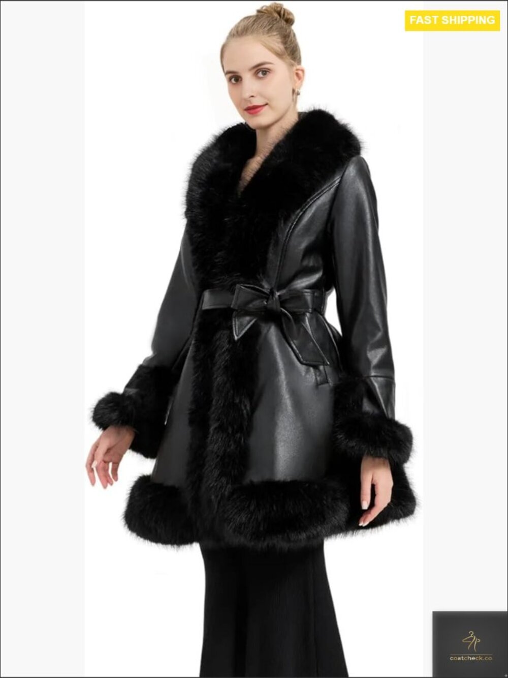 Faux Leather Trench Coat with Faux Fur Collar Long Sleeve Belted Winter Jacket